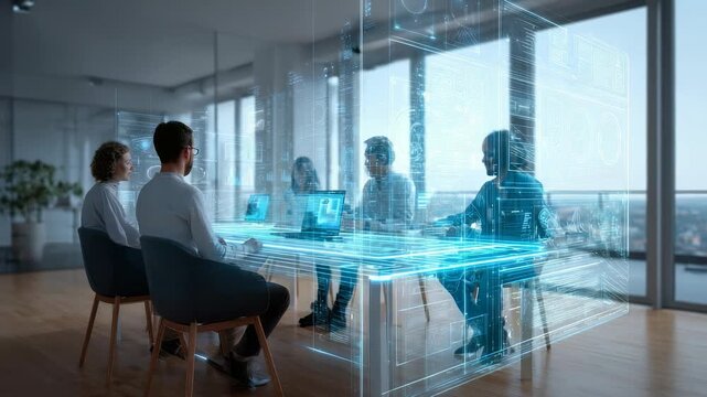 Business professionals engage in high tech meeting, utilizing advanced holographic displays for data analysis, project planning. Scene highlights innovation, collaboration, future digital workplaces