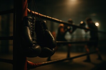 A pair of black boxing gloves hangs on the ropes while two athletes spar in a dimly lit ring, creating an intense training atmosphere focused on strength and skill.
