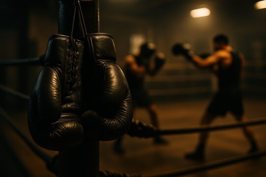 A pair of black boxing gloves hangs on the ropes while two athletes spar in a dimly lit ring, creating an intense training atmosphere focused on strength and skill. - Powered by Adobe