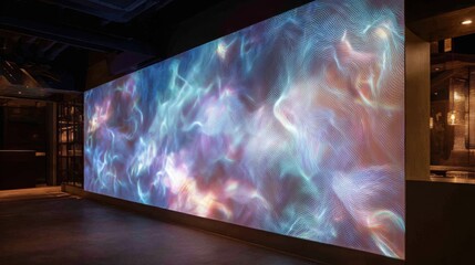 interactive wall displaying flowing digital projections of abstract patterns, soft colored lighting highlighting texture, modern creative interior