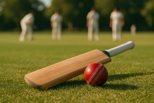 A wooden cricket bat and red ball rest on bright grass while players gather in the background, creating a warm outdoor sporting scene full of focus and teamwork.
