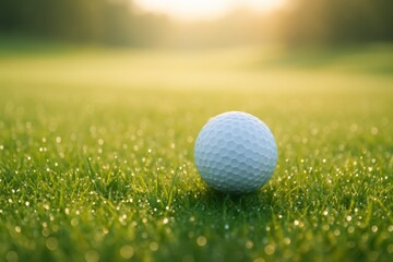 A single golf ball rests on fresh dewy grass at sunrise, creating a peaceful scene that highlights the calm beauty of an early day on the course.