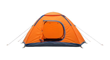 Orange tent with blue accents, door open, on a dark background, angled viewpoint