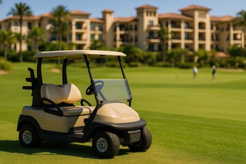 A beige golf cart stands on a bright green fairway with golfers and an elegant resort building in the background, capturing a relaxed leisure atmosphere.