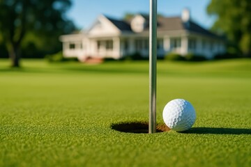 Obraz premium A close-up golf ball sits beside the hole on a sunny green, with a bright countryside house softly blurred in the background, capturing a calm sporting moment.