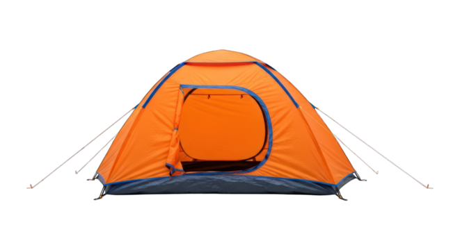 Orange tent with blue accents, door open, on a dark background, angled viewpoint