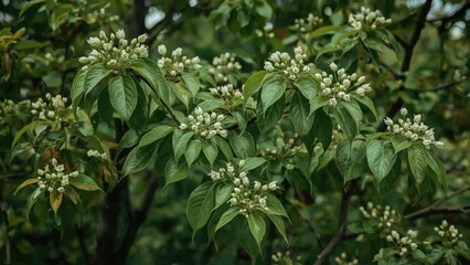 Obraz premium Healthy flowering plant with green leaves and white buds.