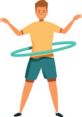 Young man rotating a hula hoop around his waist, exercising and having fun