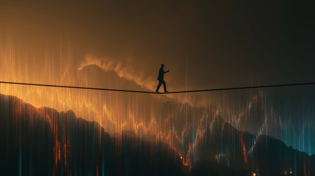 Silhouetted figure walks on tightrope against dramatic backdrop of mountains and fluctuating financial graphs, symbolizing precarious nature of financial instability - Powered by Adobe