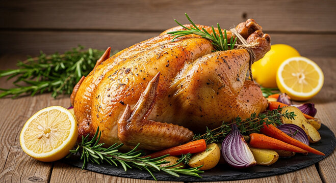 Roast chicken with vegetables, on a plate for a delicious dinner. - Powered by Adobe