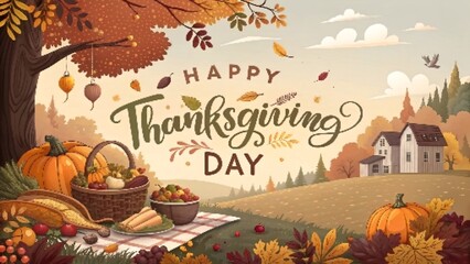 Happy Thanksgiving Day background with elegant hand-lettered text surrounded by festive illustrations of pumpkins, autumn leaves, acorns, and berries — warm earthy tones, cozy seasonal atmosphere