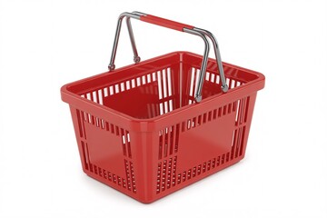 Empty red plastic shopping basket with metal handles, isolated on white