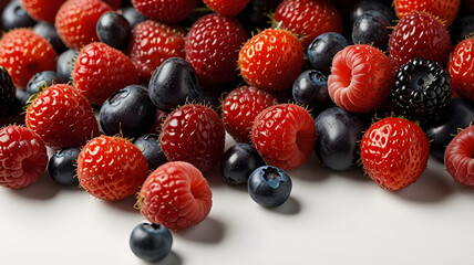 Freshly picked red and black berries placed together in natural light, highlighting their glossy skin and rich tones.
