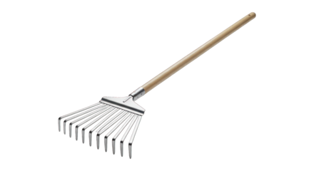 Shiny metal leaf rake with wooden handle, angled on black background