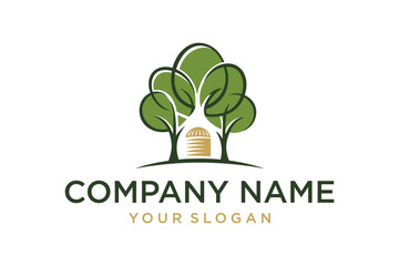 Nature-Inspired Logo with Three Green Trees and Golden Silo Building Design