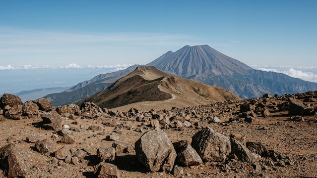 Mountains and volcanoes in a rocky landscape under a clear sky with mountain peaks and clouds. Nature and geology, concept. Scenic and outdoor environment. The concept of natural landscapes. - Powered by Adobe