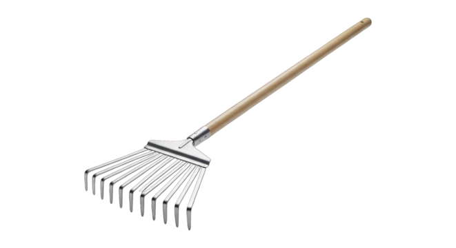 Shiny metal leaf rake with wooden handle, angled on black background
