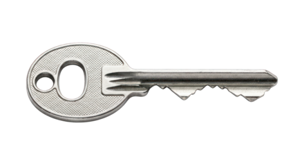 Simple, shiny metal key lying horizontally on a black background