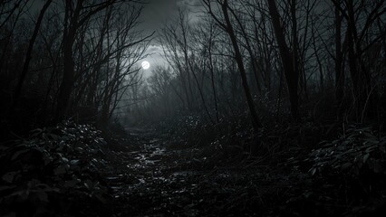 Dark forest path illuminated by the moon with leafless trees and dense undergrowth. Night landscape, mysterious and eerie scene.