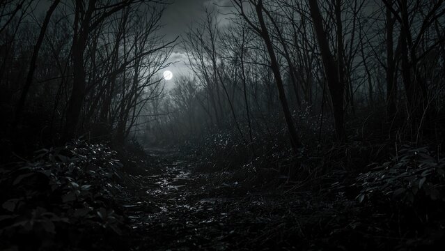 Dark forest path illuminated by the moon with leafless trees and dense undergrowth. Night landscape, mysterious and eerie scene.