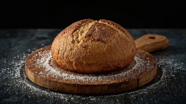Freshly baked bread roll on a wooden cutting board dusted with flour. - Powered by Adobe