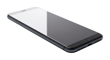 Sleek smartphone lies flat against black background, angled, with screen reflecting light