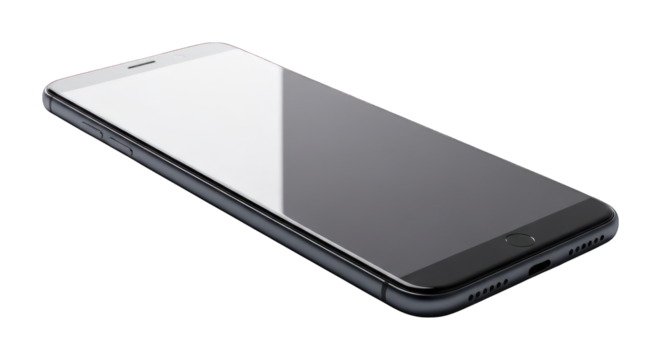 Sleek smartphone lies flat against black background, angled, with screen reflecting light