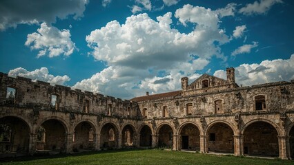 Ancient stone building with arches under a cloudy sky, showing historical architecture and open courtyard.