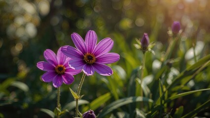 Fototapeta premium Purple flower blossoms in a natural garden setting with sunlight and blurred greenery, showcasing vibrant colors and fresh foliage.
