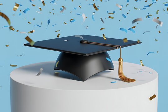 Graduation cap with gold tassel on a white pedestal with falling confetti Keywords: graduation, cap, mortarboard, tassel, gold, confetti, celebration, ceremony, achievement, success, education