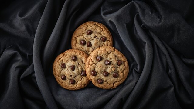 Three chocolate chip cookies on black fabric background.