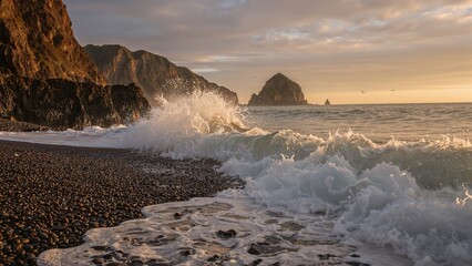 Cliffs and waves crashing on a beach at sunset with rocky shoreline and distant islands. Coastal landscape and ocean scenery during dusk.