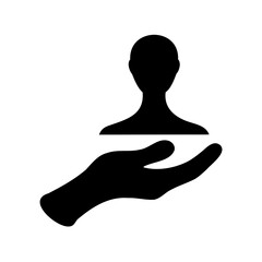 Hand holding human silhouette depicting support, care, and protection concept