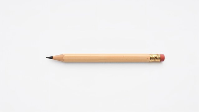 A wooden pencil with a red eraser lying horizontally on a white background. - Powered by Adobe