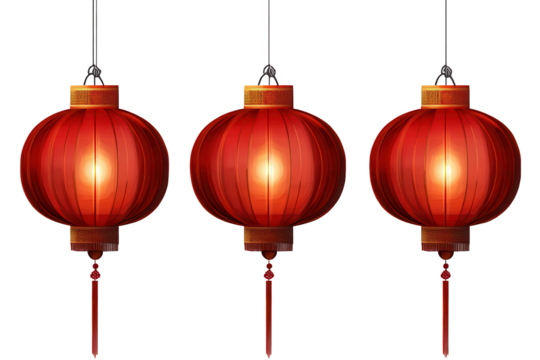 Elegant red lanterns hanging in a warm, inviting space during evening celebrations, casting a soft glow on festivities