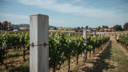 Naklejka premium Vineyard with concrete posts and wire fencing, with houses and trees in the background. Agricultural scene, outdoor landscape, rural area.