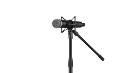 Studio microphone on black tripod against a black background, front facing