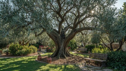 A large, old tree in a garden with benches and lush greenery, sunlight filtering through the branches.