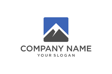 Modern Mountain Peak Logo Design in Blue and Gray Square with Company Name and Slogan