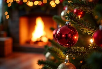 Christmas evening by the fireplace, the fire reflected in the glass balls on the Christmas tree