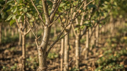 A young tree in a cultivated orchard or nursery with multiple other trees in the background.