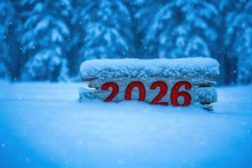 Glowing red numbers "2026" under a thick layer of snow on a wooden log. Winter forest and snowfall on a blue background