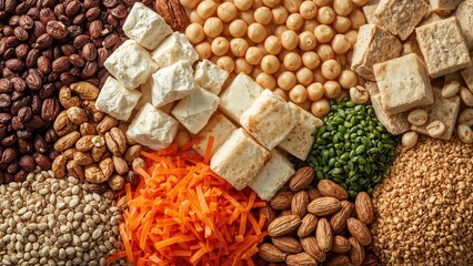 Assorted dried foods and legumes, including beans, nuts, tofu, and shredded vegetables, arranged in a colorful display.