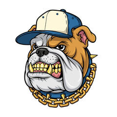 Cartoon bulldog with an angry expression, wearing a cap and gold chain.