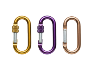 Three metal carabiners, gold, purple, & copper, aligned on a black background