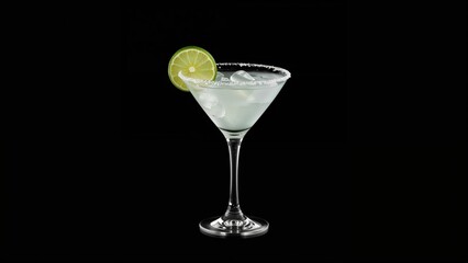 A cocktail glass with a lime wedge on the rim, containing a clear drink and ice, against a black background.