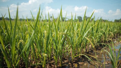 Obraz premium Lush green rice plants growing in a paddy field under a partly cloudy sky.