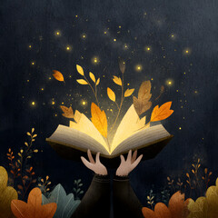Naklejka premium Enchanting book surrounded by autumn leaves and glowing lights at twilight