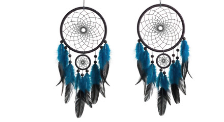 Fototapeta premium Two detailed dreamcatchers with blue & gray feathers against a black backdrop