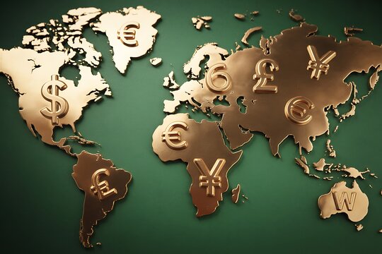 Golden Currency Symbols Embellish a World Map on a Dark Green Textured Background global finance